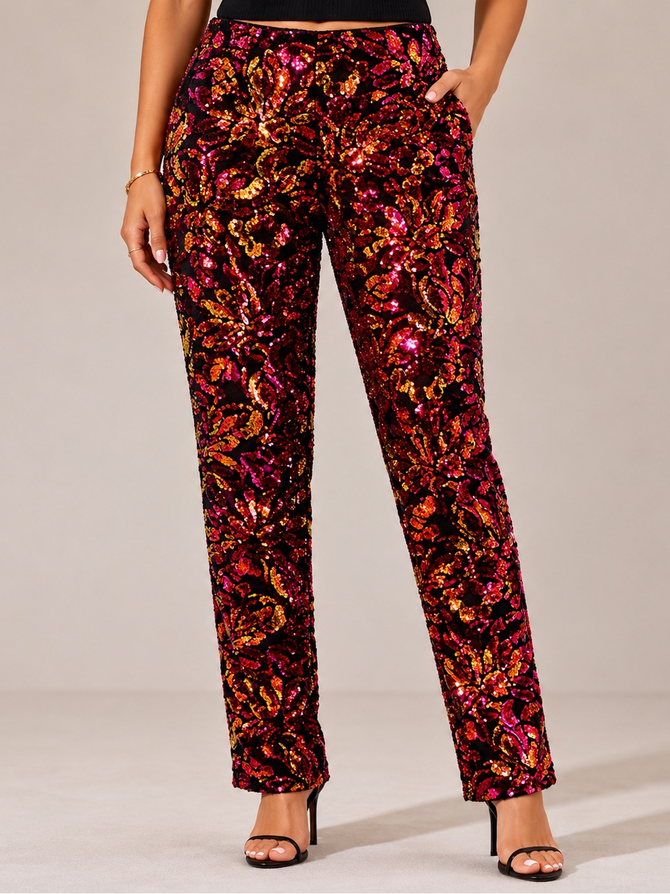 L’atiste Showstopper Black Velvet Multicolored Floral Sequins High Rise Pants